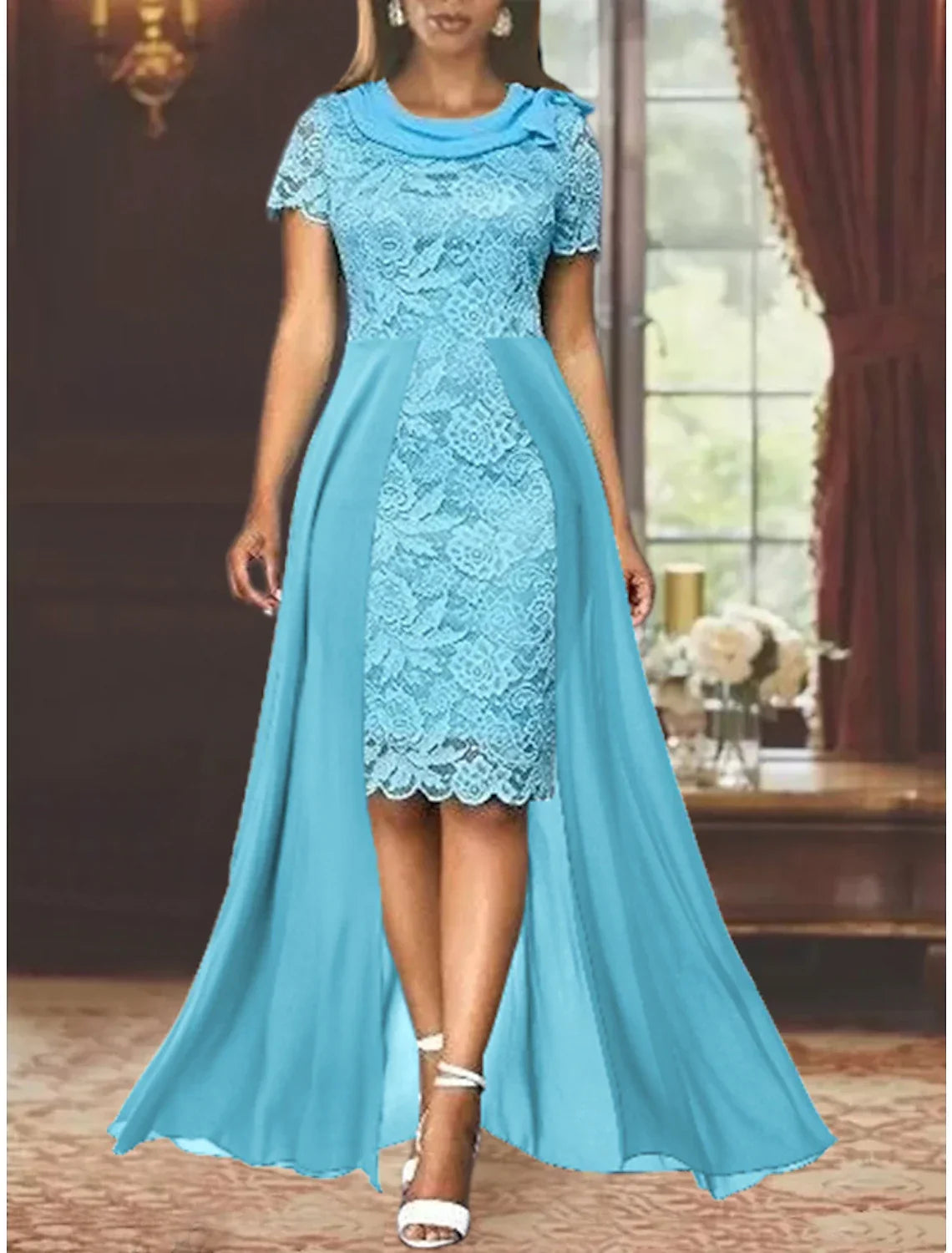 Sheath / Column Mother of the Bride Dress Formal Wedding Guest Party Elegant Scoop Neck Knee Length Short Sleeve with Bow(s)