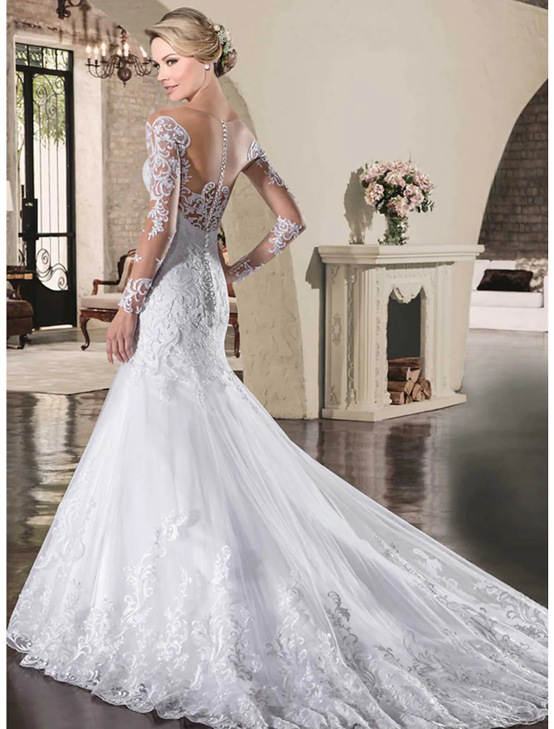 Engagement Open Back Formal Wedding Dresses Long Sleeve