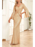 Mermaid / Trumpet Mother of the Bride Dress Wedding Guest Party Sparkle & Shine Scoop Neck V Neck Floor Length 3/4 Length Sleeve with Ruching Solid Color
