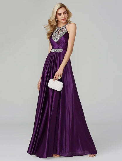 Elegant Black A-Line Classic-Neck Sleeveless Backless Floor-Length Prom Dress