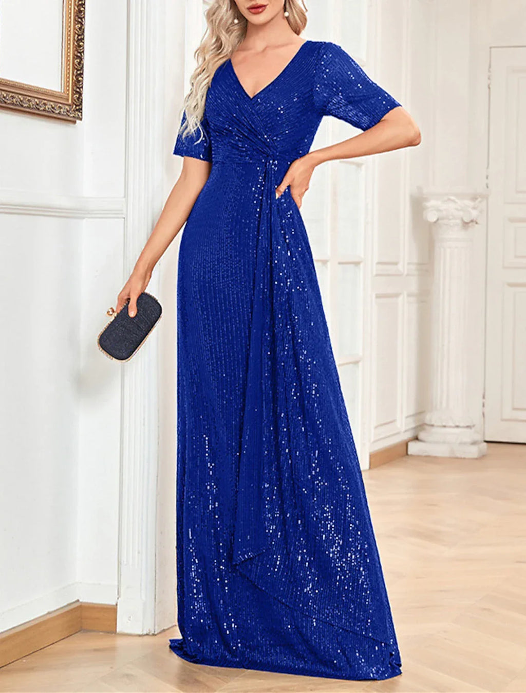 Party Dresses Sparkle & Shine Dress Formal Wedding Guest Floor Length Short Sleeve V Neck