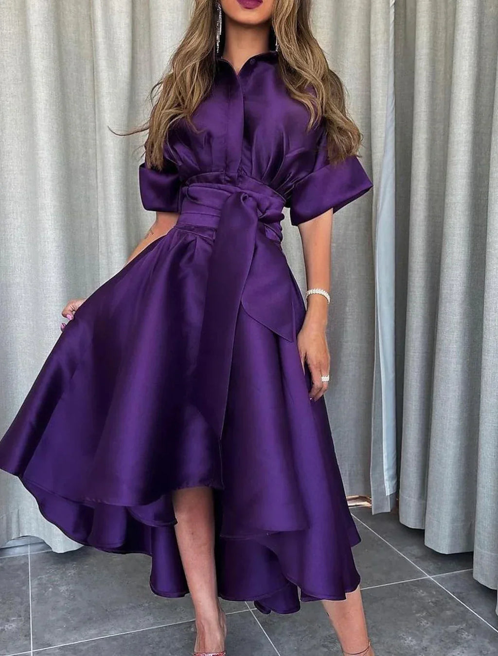 Evening Gown Elegant Dress Formal Asymmetrical Short Sleeve Shirt Collar with Strappy