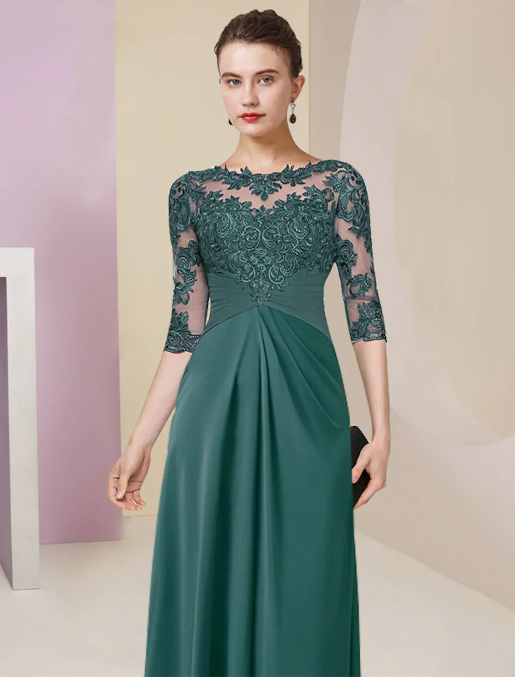 Sheath / Column Mother of the Bride Dress Simple Elegant Jewel Neck Floor Length Half Sleeve with Pleats Solid Color
