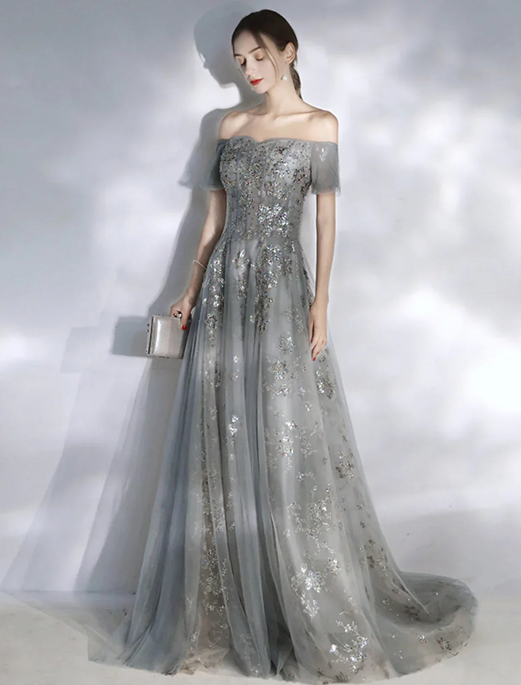 Evening Gown Glittering Dress Engagement Floor Length Short Sleeve Off Shoulder Appliques