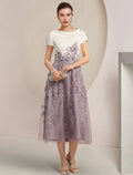 Mother of the Bride Dress Formal Wedding Guest Elegant Scoop Neck Tea Length Short Sleeve with Appliques Color Block