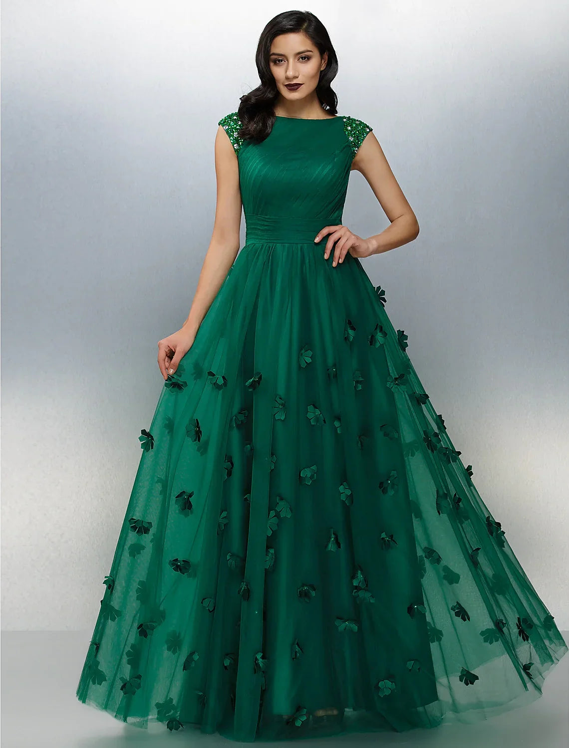 Floral Dress Wedding Guest Floor Length Short Sleeve Boat Neck with Crystals Appliques