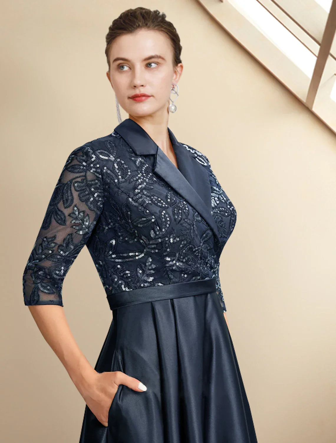 Mother of the Bride Dress Plus Size Elegant High Low Shirt Collar Asymmetrical Tea Length Half Sleeve with Pleats Appliques