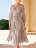 Mother of the Bride Dress Wedding Guest Elegant Petite V Neck Knee Length Long Sleeve with Crystals Ruching