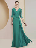 Sheath / Column Mother of the Bride Dress Formal Wedding Guest Party Elegant V Neck Floor Length Half Sleeve with Ruching