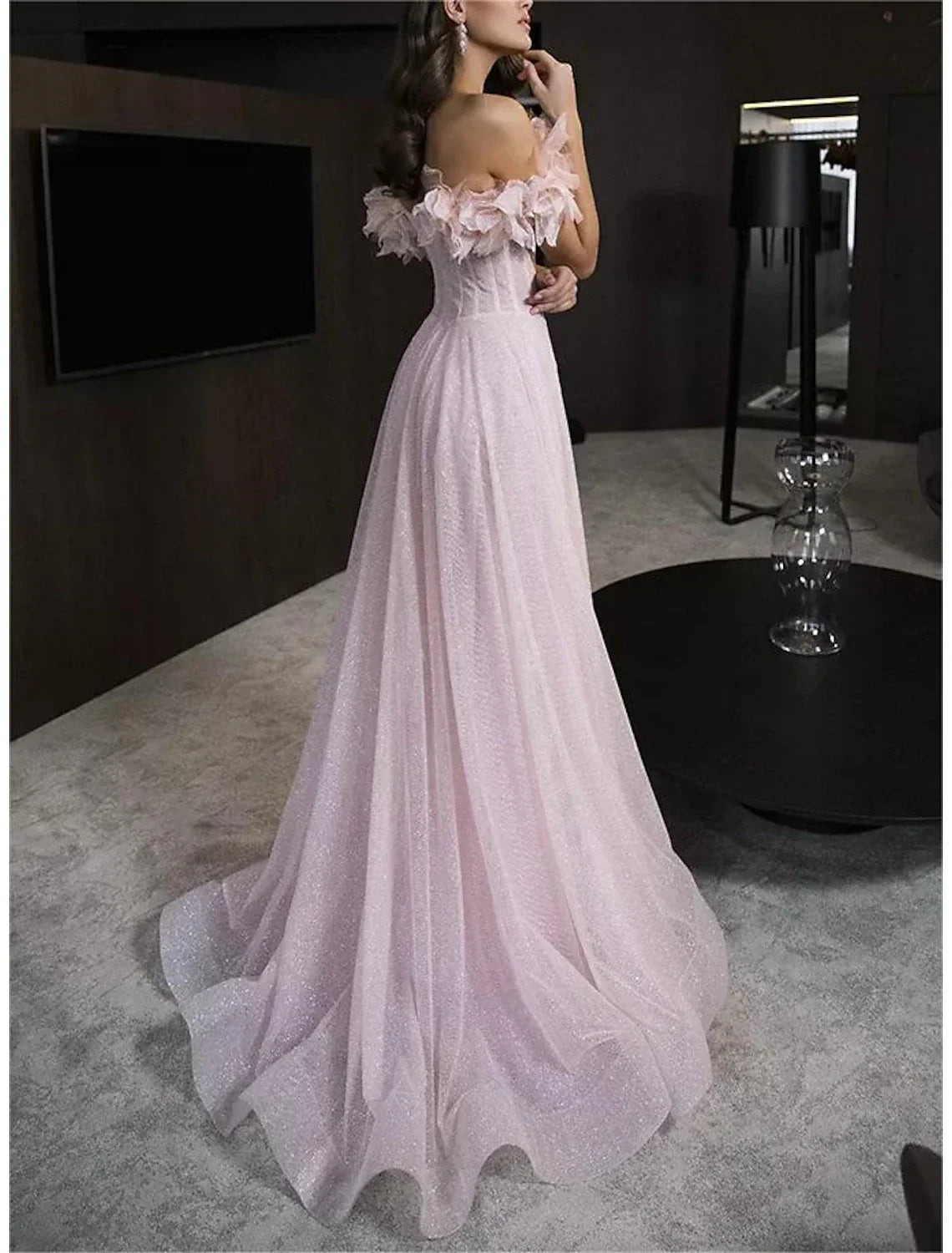 Glittering Dress Prom Birthday Floor Length Sleeveless Off Shoulder with Glitter Crystals