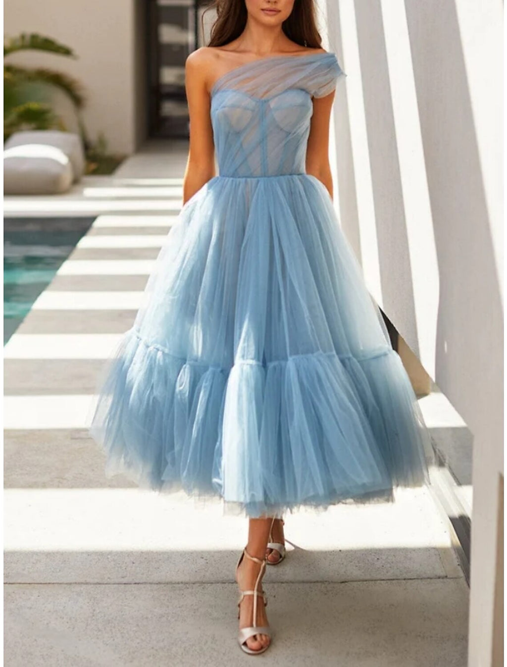 Formal Tea Length Sleeveless One Shoulder with Pleats