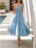 Formal Tea Length Sleeveless One Shoulder with Pleats