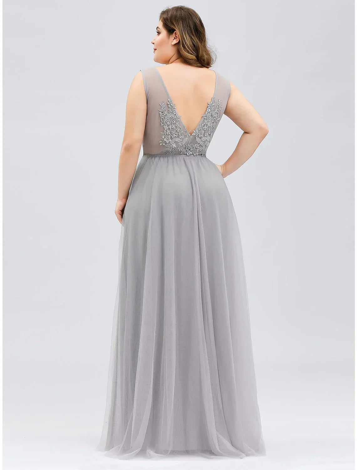 Plus Size Dress Prom Floor Length Sleeveless V Neck V Back with Beading Appliques