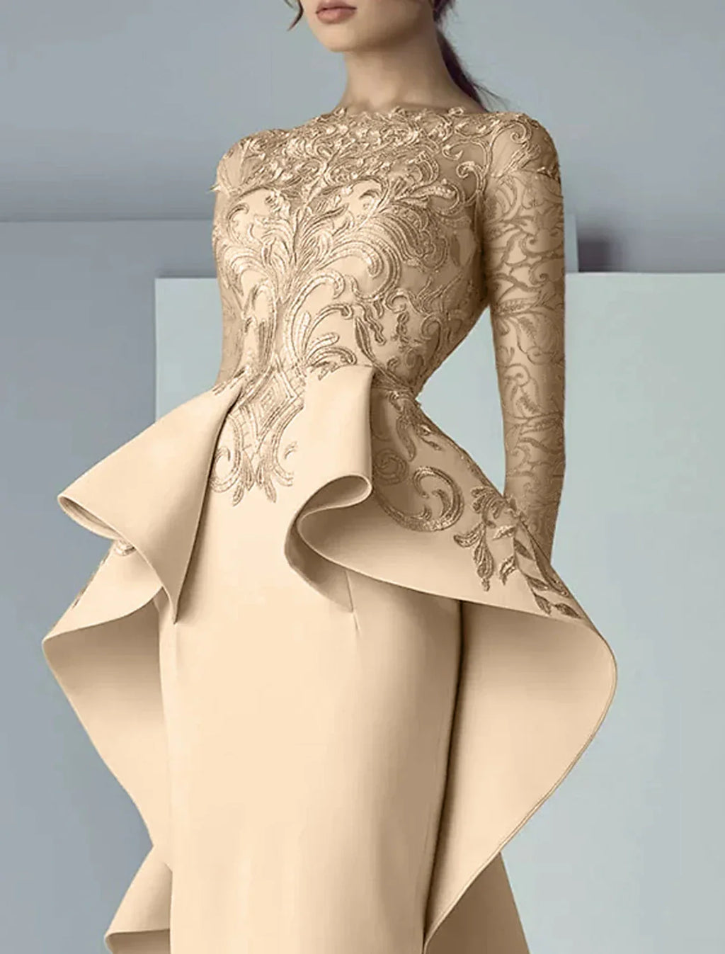 Sheath / Column Mother of the Bride Dress Formal Wedding Guest Party Elegant Scoop Neck Floor Length Fabric Long Sleeve with Ruffles Appliques