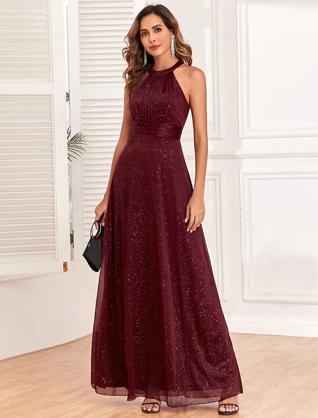 Evening Gown Empire Dress Evening Party Dress Wedding Reception Floor Length Sleeveless Halter Neck Backless V Back with Glitter