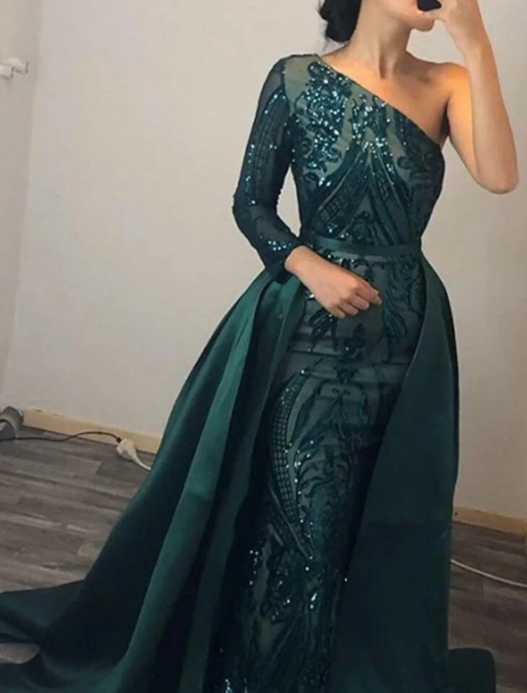 Mermaid / Trumpet Evening Gown Elegant Dress Formal Wedding Court Train Long Sleeve One Shoulder Detachable