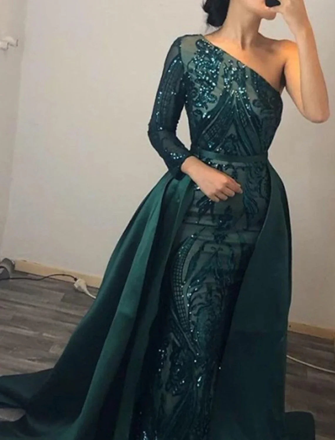 Mermaid / Trumpet Evening Gown Elegant Dress Formal Wedding Court Train Long Sleeve One Shoulder Detachable