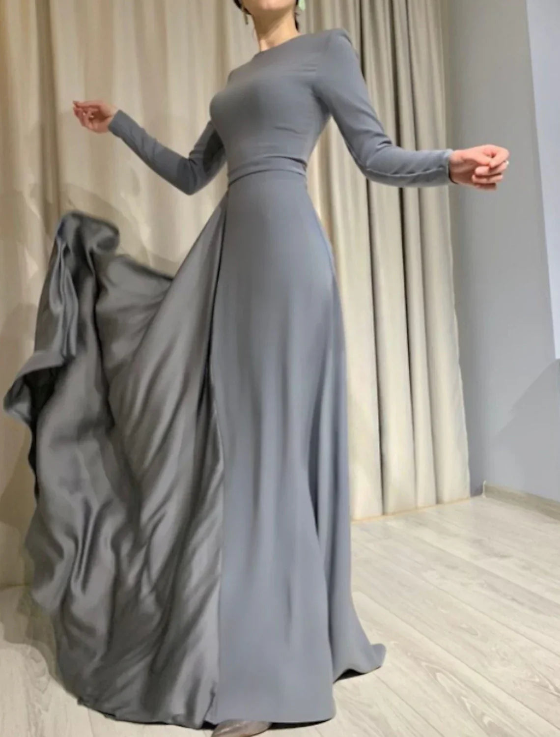 Sheath Party Dress Evening Gown Minimalist Dress Wedding Guest Formal Evening Floor Length Long Sleeve Jewel Neck with Pleats