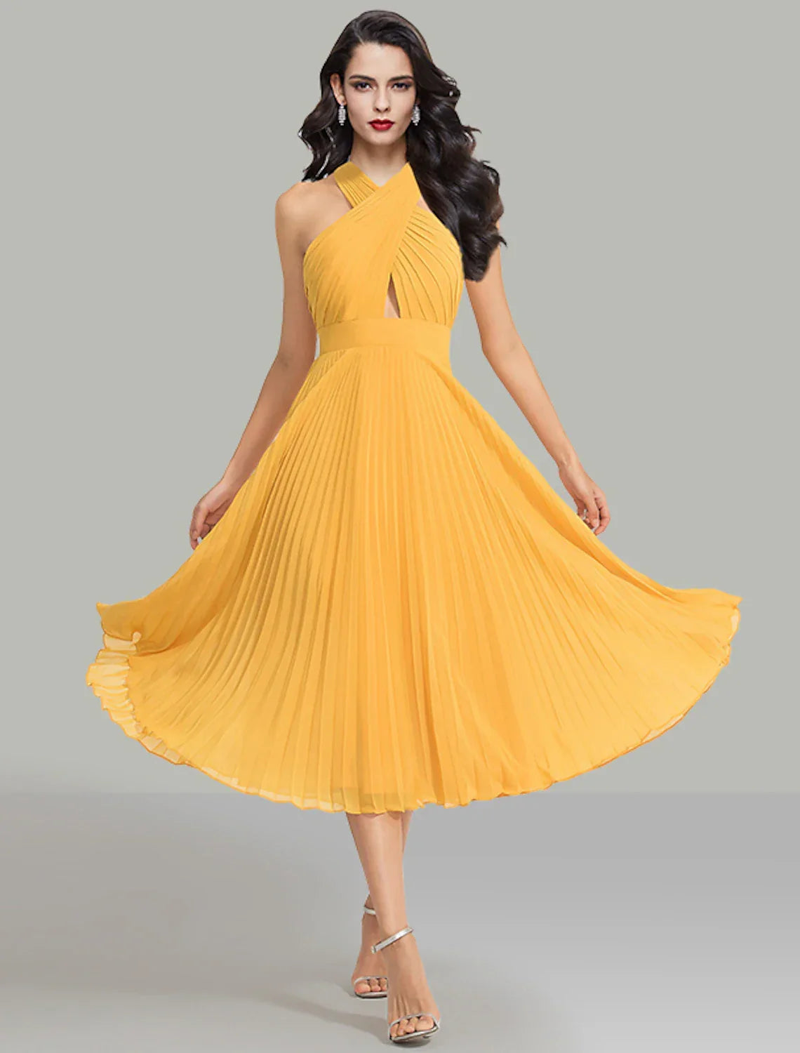 Wedding Guest Dresses Elegant Dress Cocktail Party Wedding Party Tea Length Sleeveless Halter Neck with Ruched