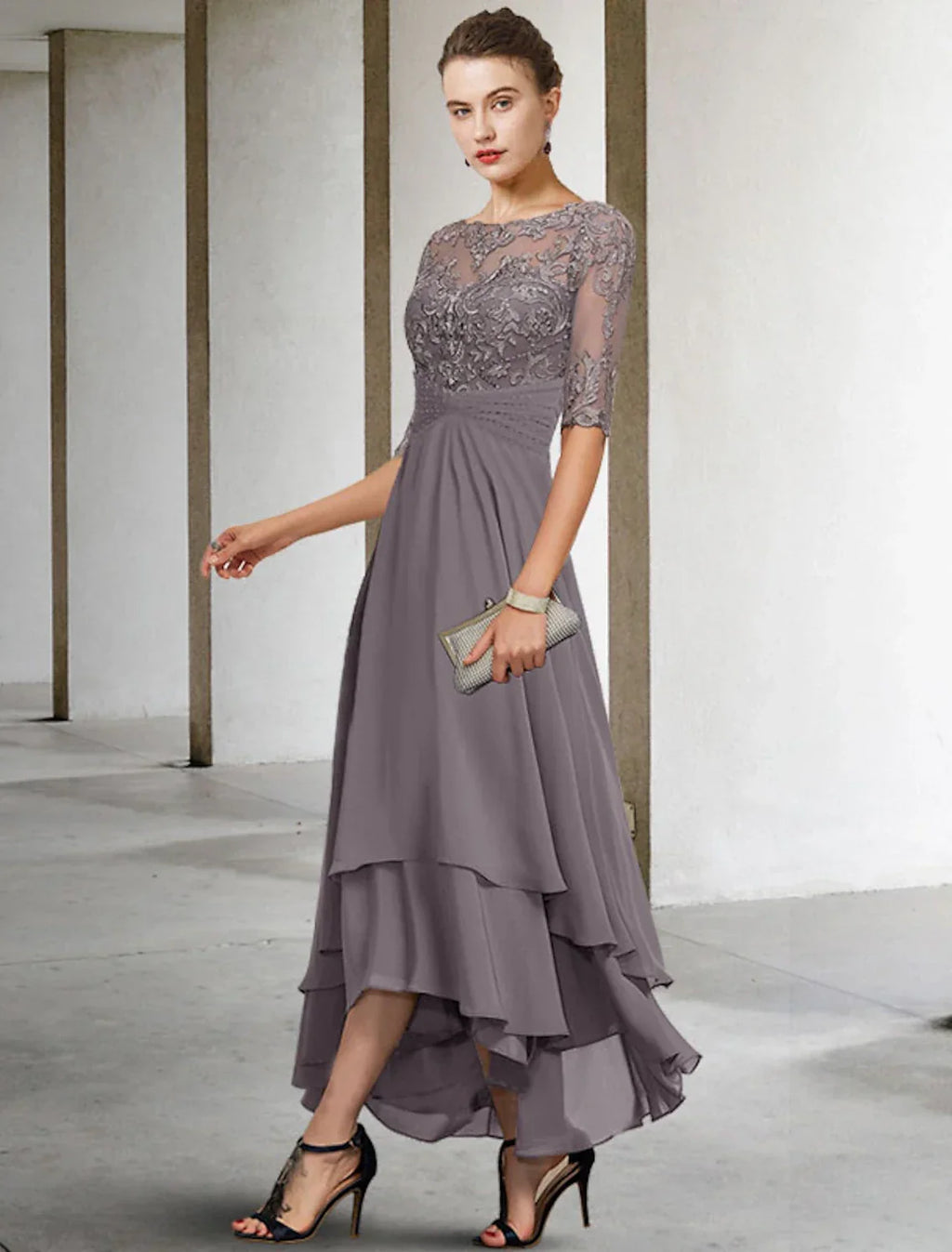 Mother of the Bride Dress Plus Size Elegant High Low Jewel Neck Asymmetrical Ankle Length Half Sleeve with Beading Ruffles Appliques