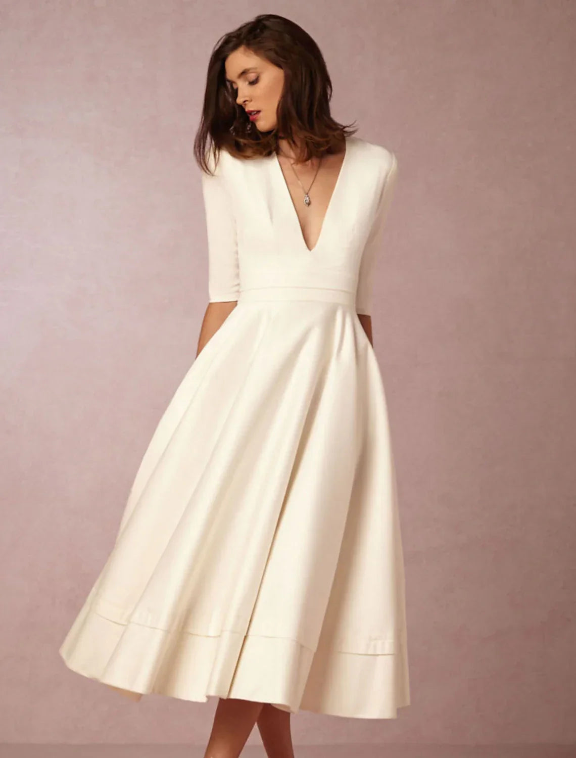 White Special Occasion Dresses Party Dress Holiday Wedding Guest Tea Length Half Sleeve V Neck Pocket with Pleats & Ivory ship in 48 hours