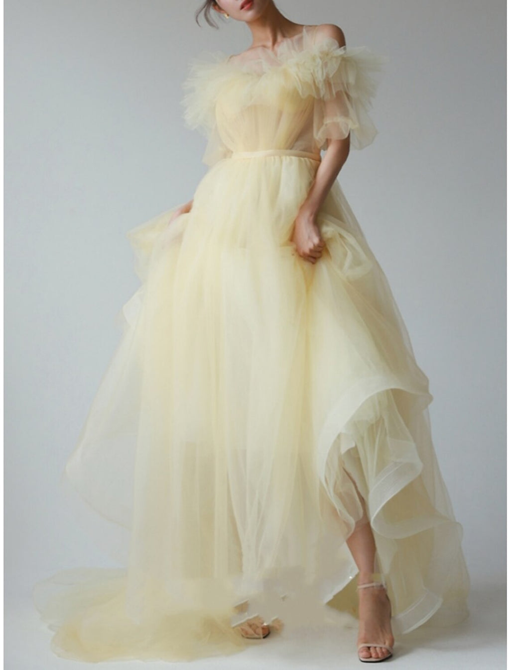 Evening Gown Elegant Dress Formal Sweep / Brush Train Short Sleeve V Neck with Pleats Ruffles