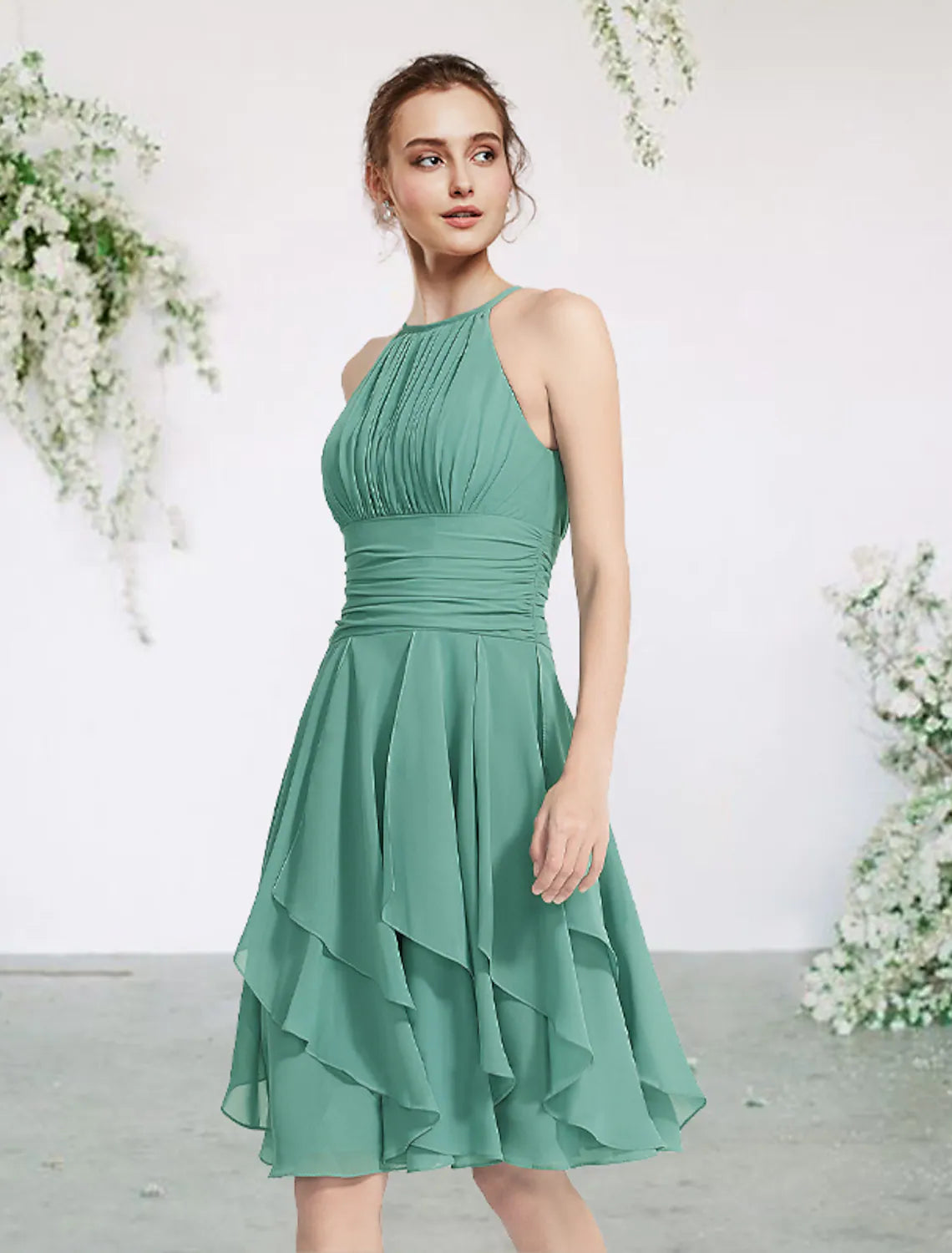 Bridesmaid Dress Sleeveless Elegant Short Mini with Pleats Cascading Ruffles
