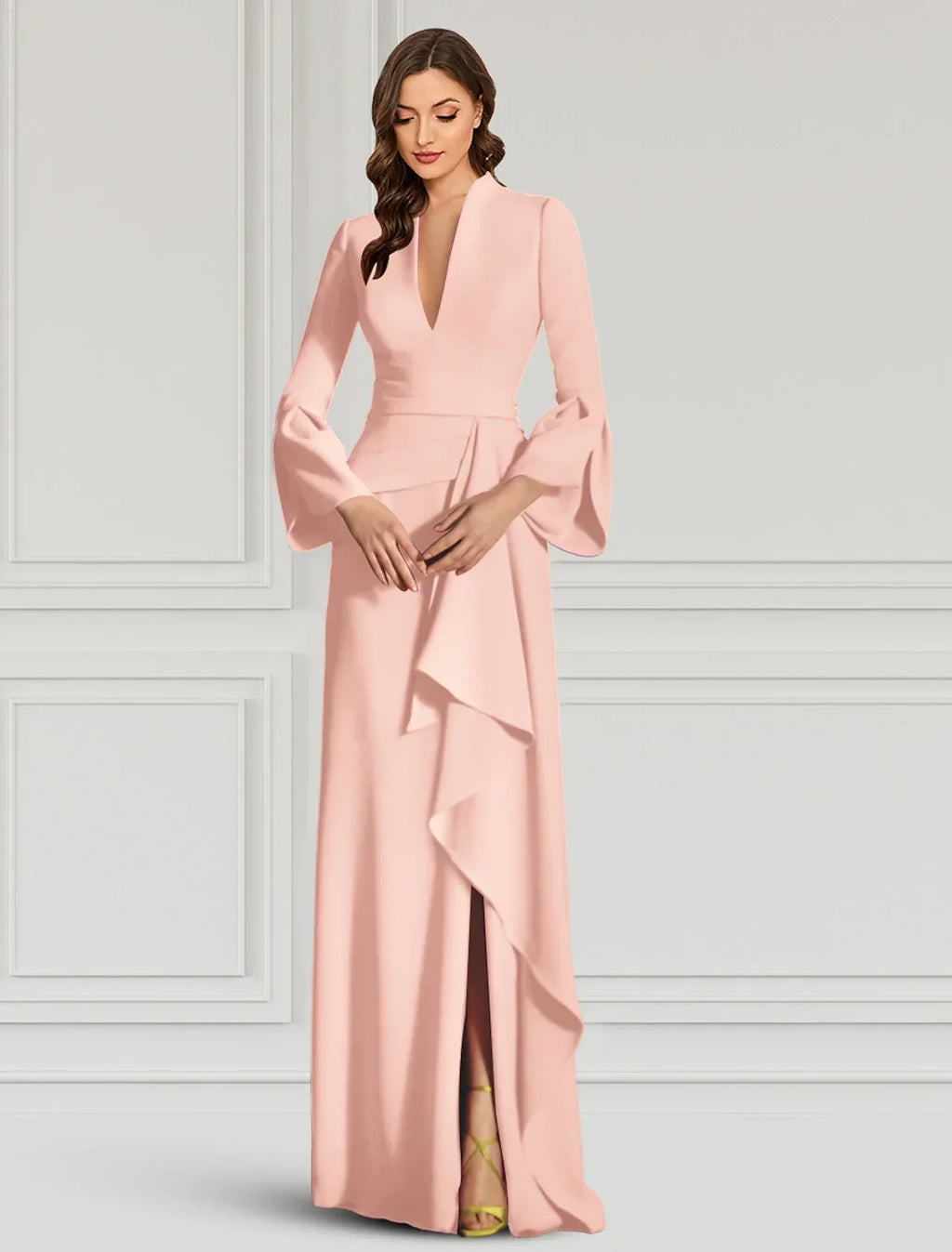 Black Sheath Evening Gown Elegant Dress Formal Cocktail Party Dress Floor Length Long Sleeve V Neck Fall Wedding Guest Fabric with Ruffles