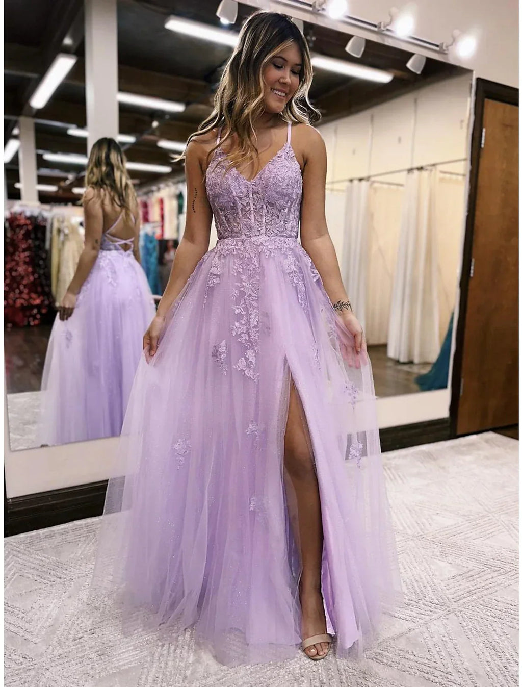 Evening Gown Open Back Dress Formal Prom Floor Length Sleeveless V Neck Backless with Beading Slit Appliques