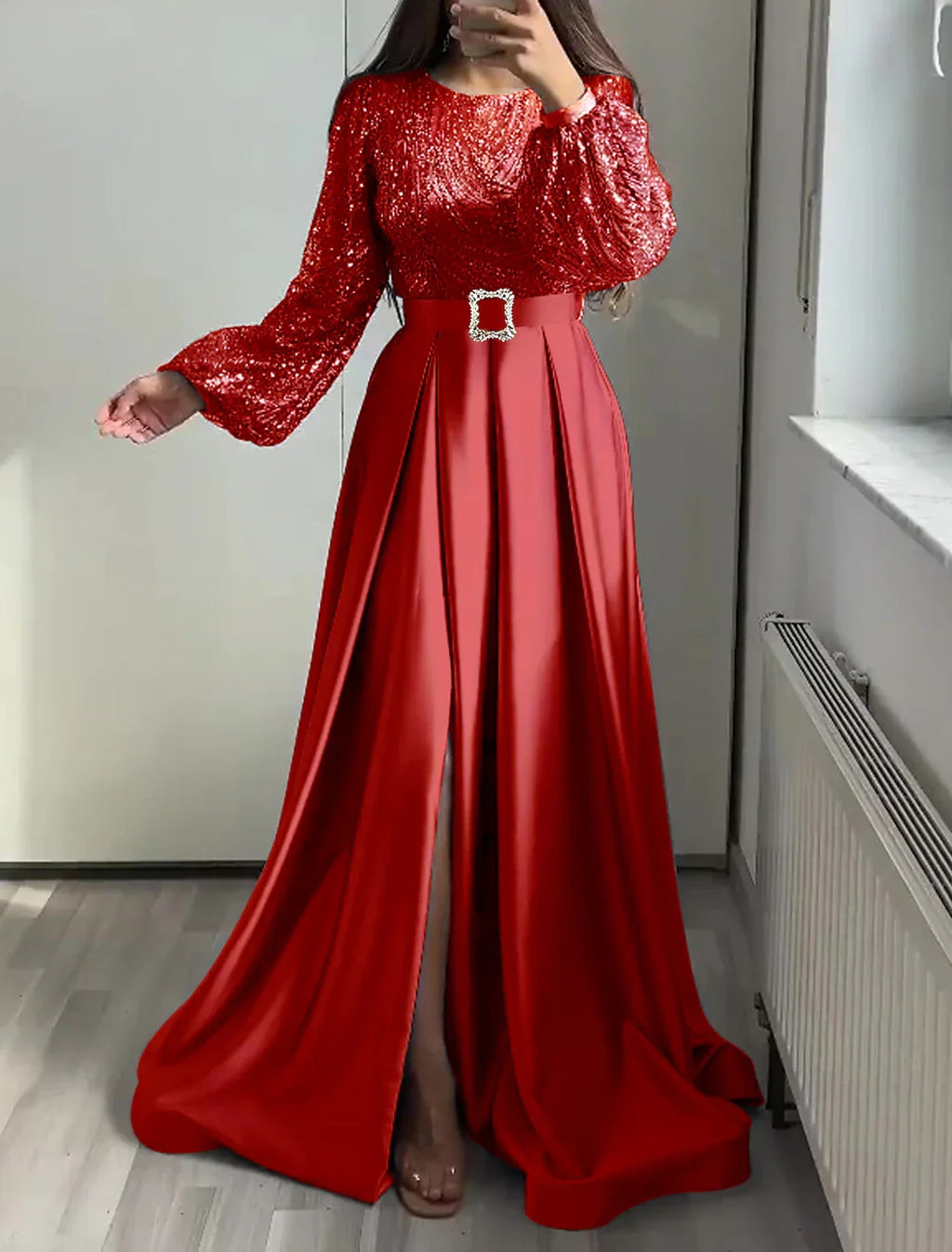 Black Evening Gown Glittering Dress Wedding Tie Floor Length Long Sleeve Jewel Neck Fall Wedding Guest