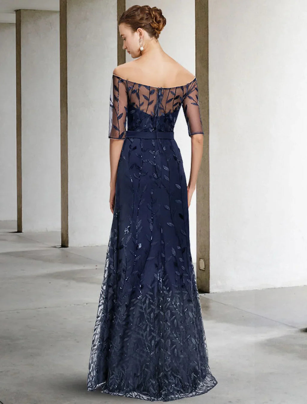 Mother of the Bride Dress Elegant Off Shoulder Floor Length Half Sleeve with Appliques