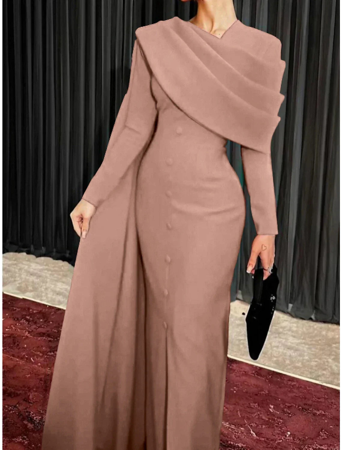 Black Sheath / Column Red Christmas Red Green Dress Evening Gown Elegant Cape Dress Formal Fall Sweep / Brush Train Long Sleeve Cowl Neck Fabric with Buttons Slit