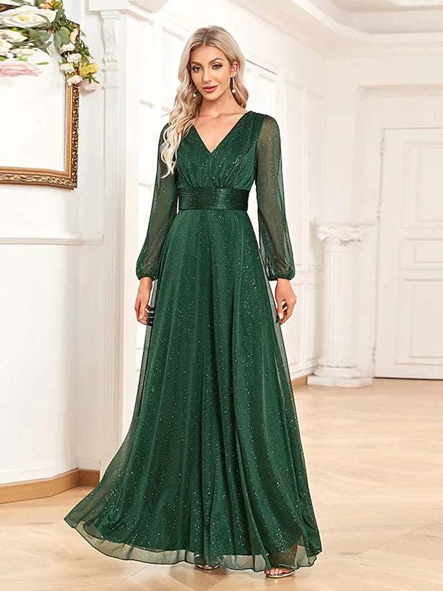 Evening Gown Elegant Dress Formal Floor Length Long Sleeve V Neck