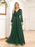 Evening Gown Sparkle & Shine Dress Formal Wedding Party Dress Floor Length Long Sleeve V Neck