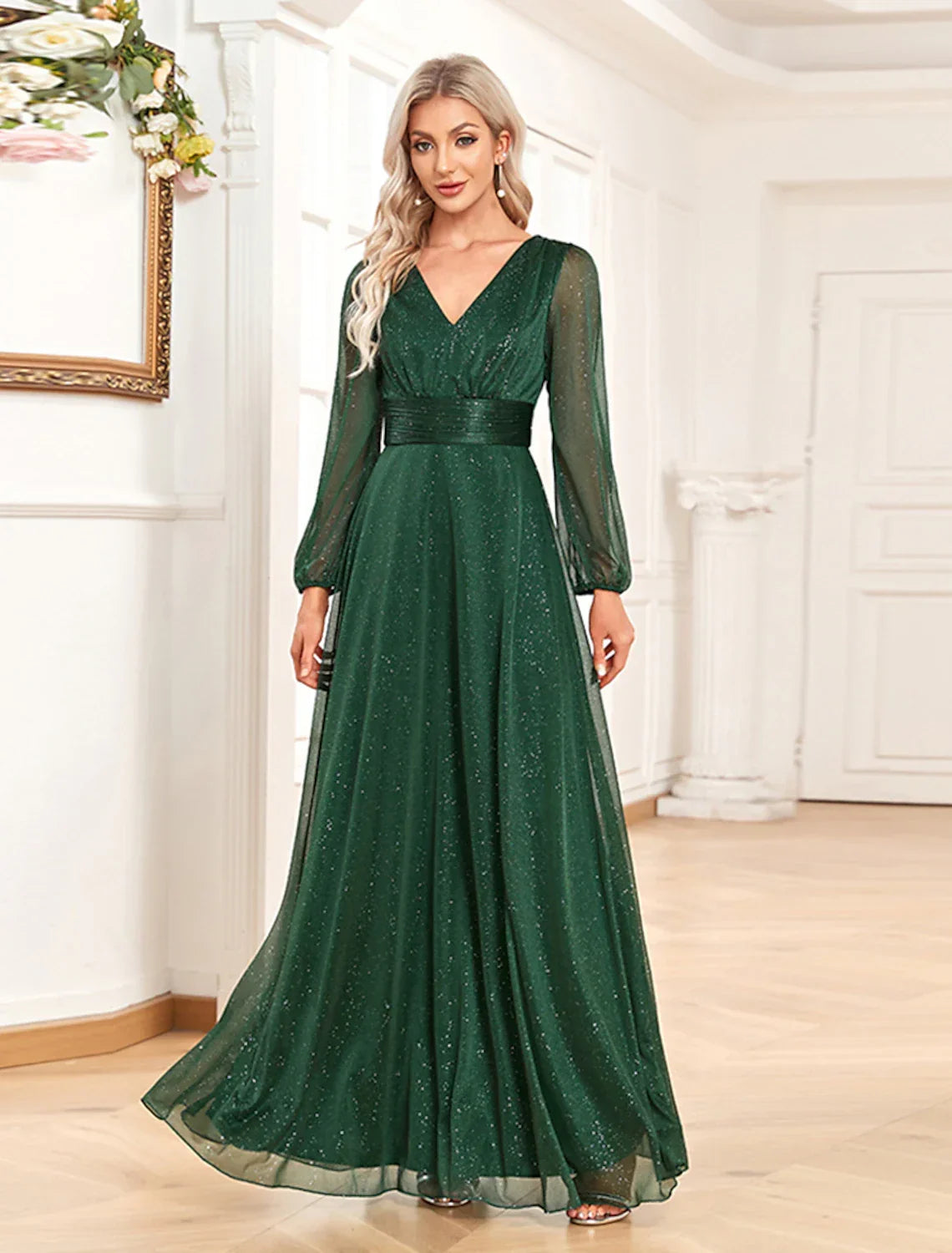 Evening Gown Sparkle & Shine Dress Formal Wedding Party Dress Floor Length Long Sleeve V Neck