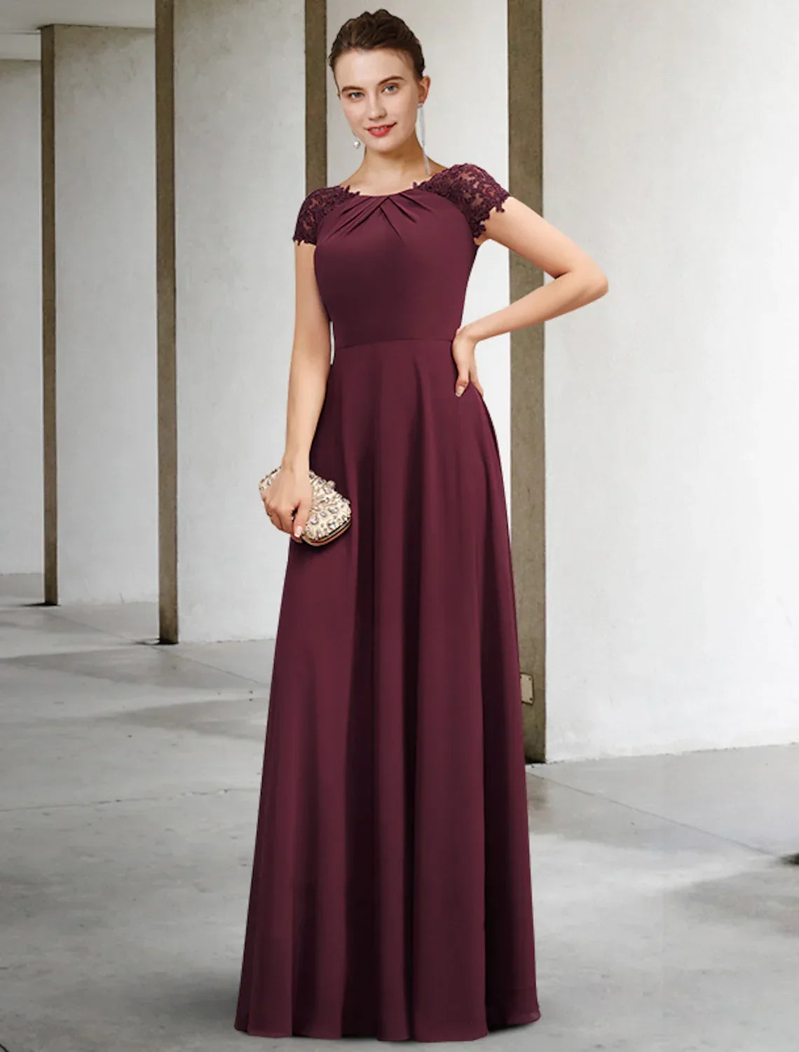 Mother of the Bride Dress Elegant Floor Length Short Sleeve Appliques Ruching
