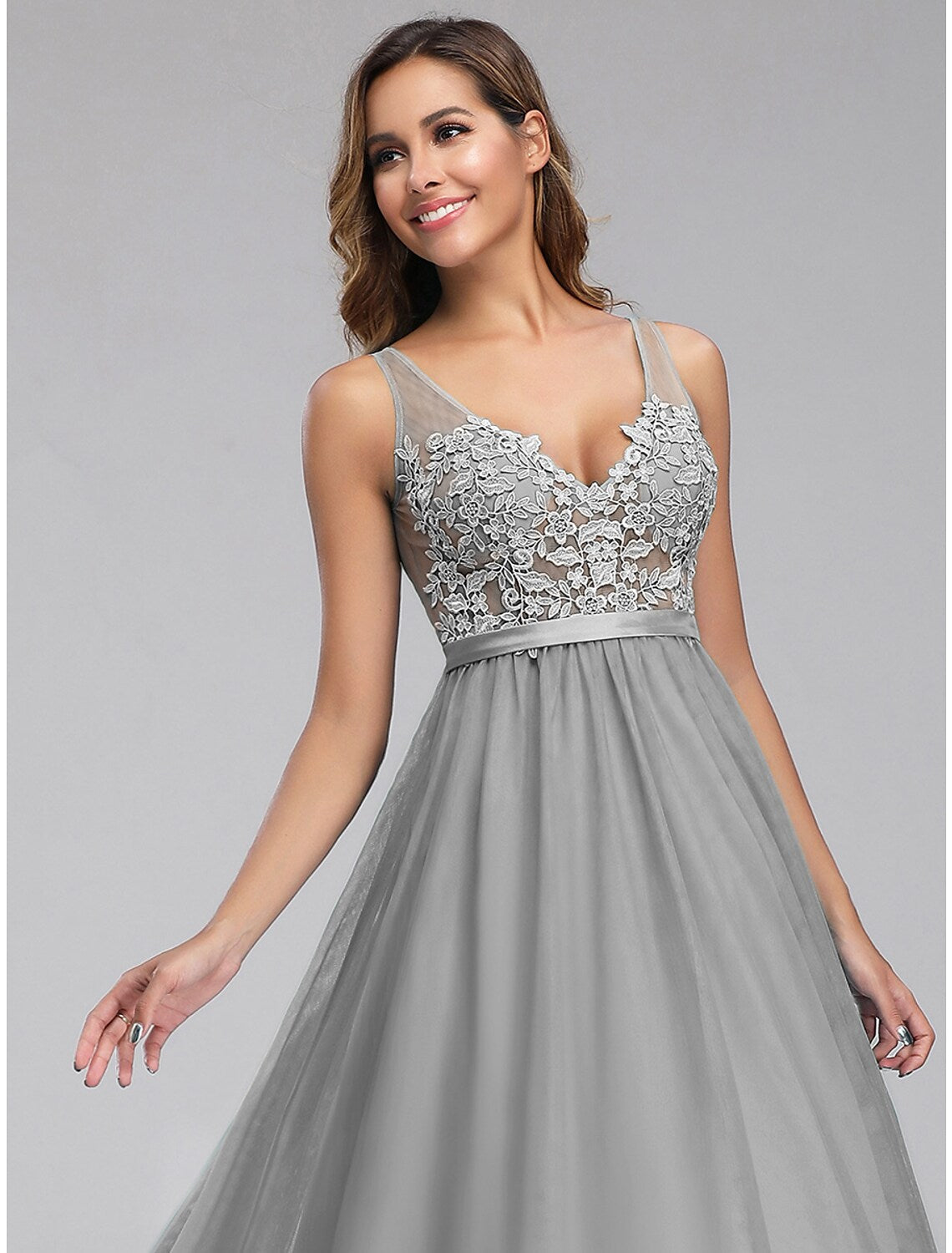 Holiday Prom Dress V Neck V Back Sleeveless Floor Length Appliques