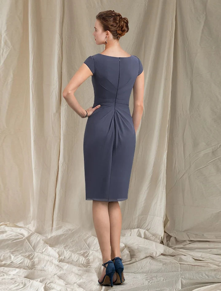 Chic sheath bateau cap sleeve zipback midi mother of the bride dresses