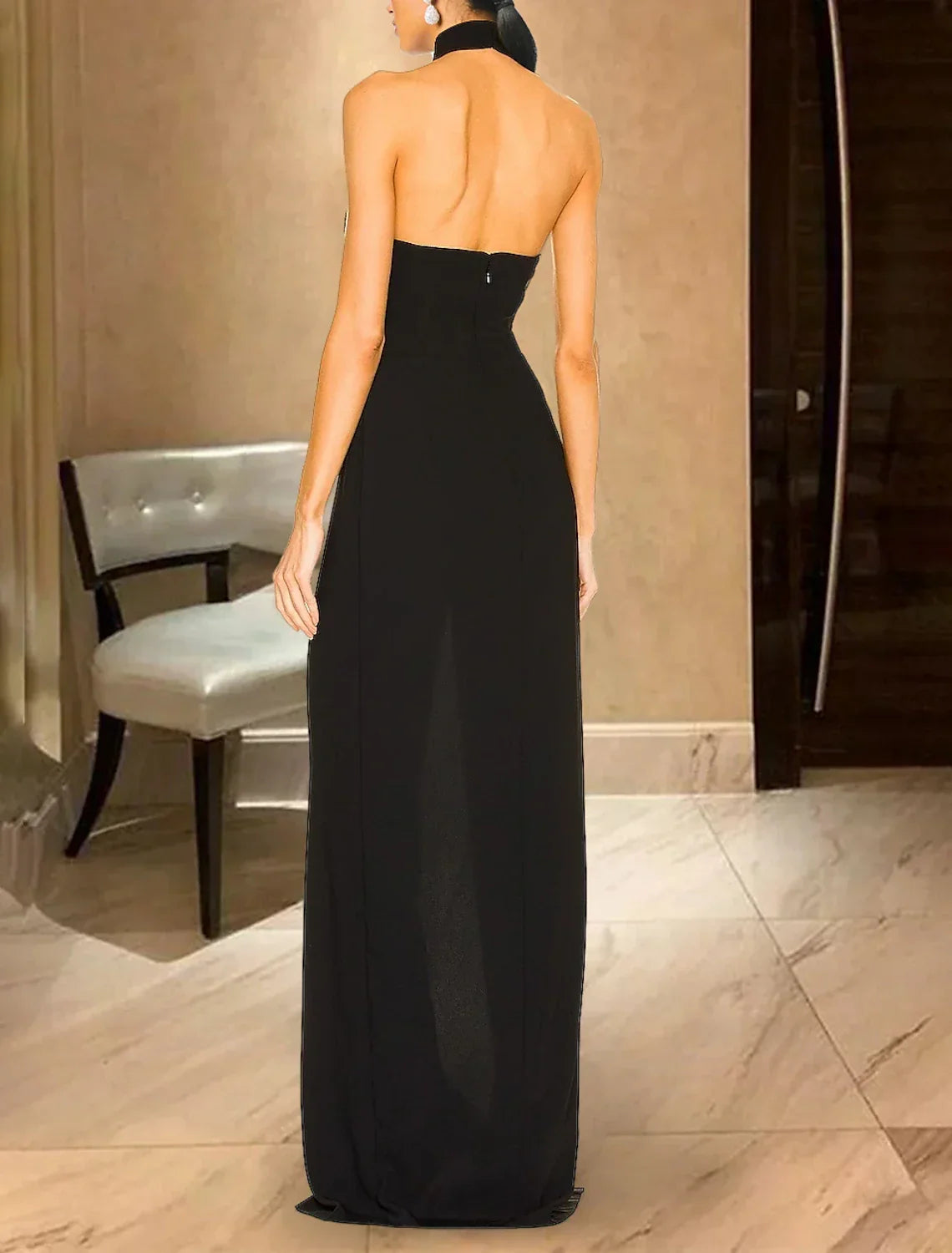 Black Mermaid / Trumpet Evening Gown Elegant Dress Formal Wedding Guest Sweep / Brush Train Sleeveless Halter Neck Dress with Slit