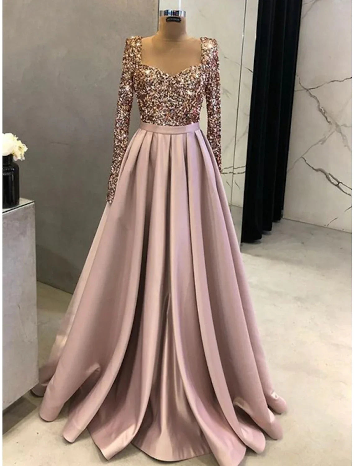Evening Gown Elegant Dress Formal Fall Sweep / Brush Train Long Sleeve Square Neck with Glitter Pleats