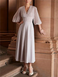 Mother of the Bride Dress Formal Wedding Guest Elegant V Neck Ankle Length 3/4 Length Sleeve with Ruched Solid Color
