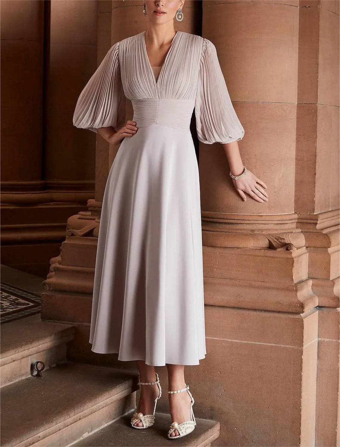 Mother of the Bride Dress Formal Wedding Guest Elegant V Neck Ankle Length 3/4 Length Sleeve with Ruched Solid Color