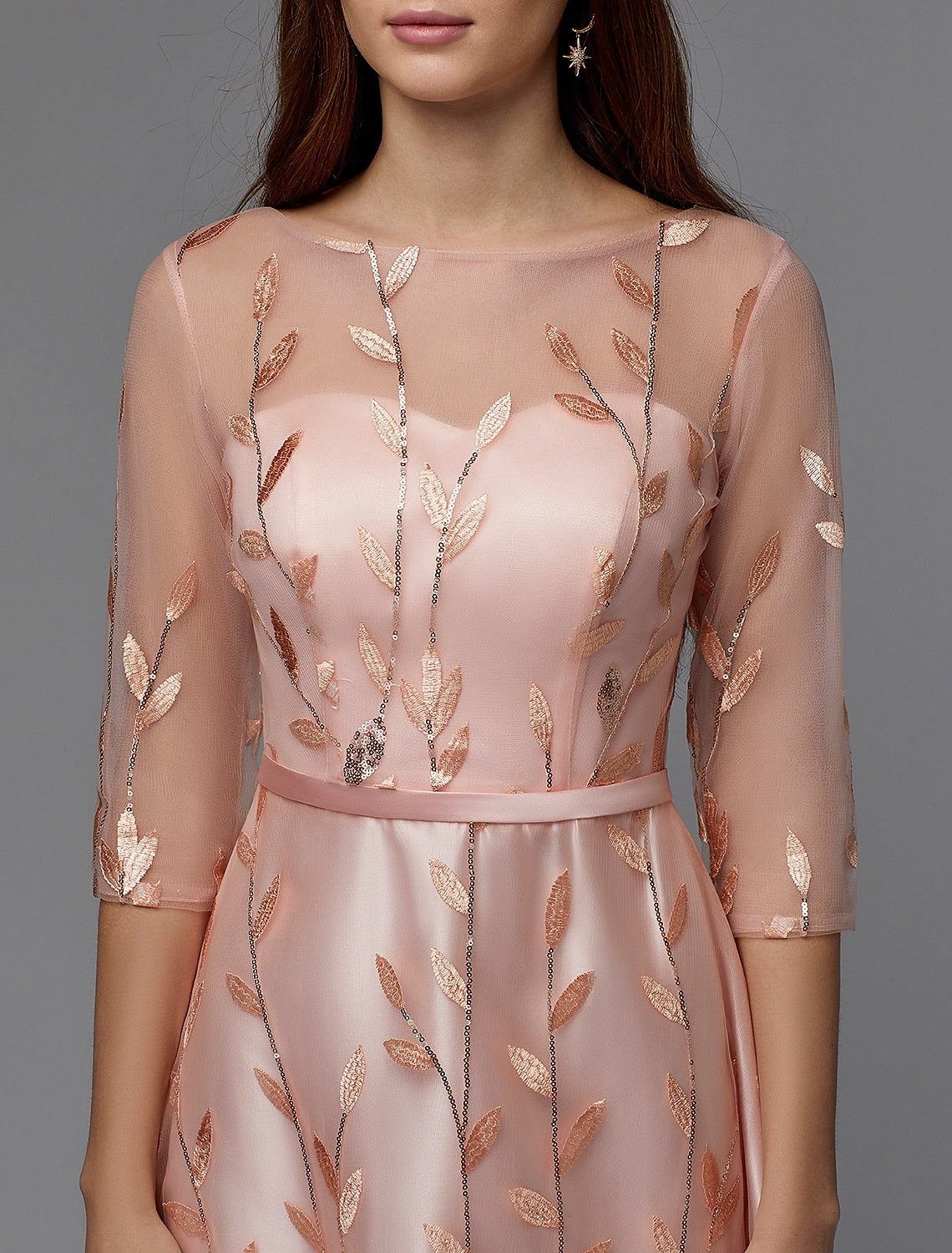 Floral Dress Wedding Guest Floor Length 3/4 Length Sleeve Illusion Neck with Pattern / Print Appliques