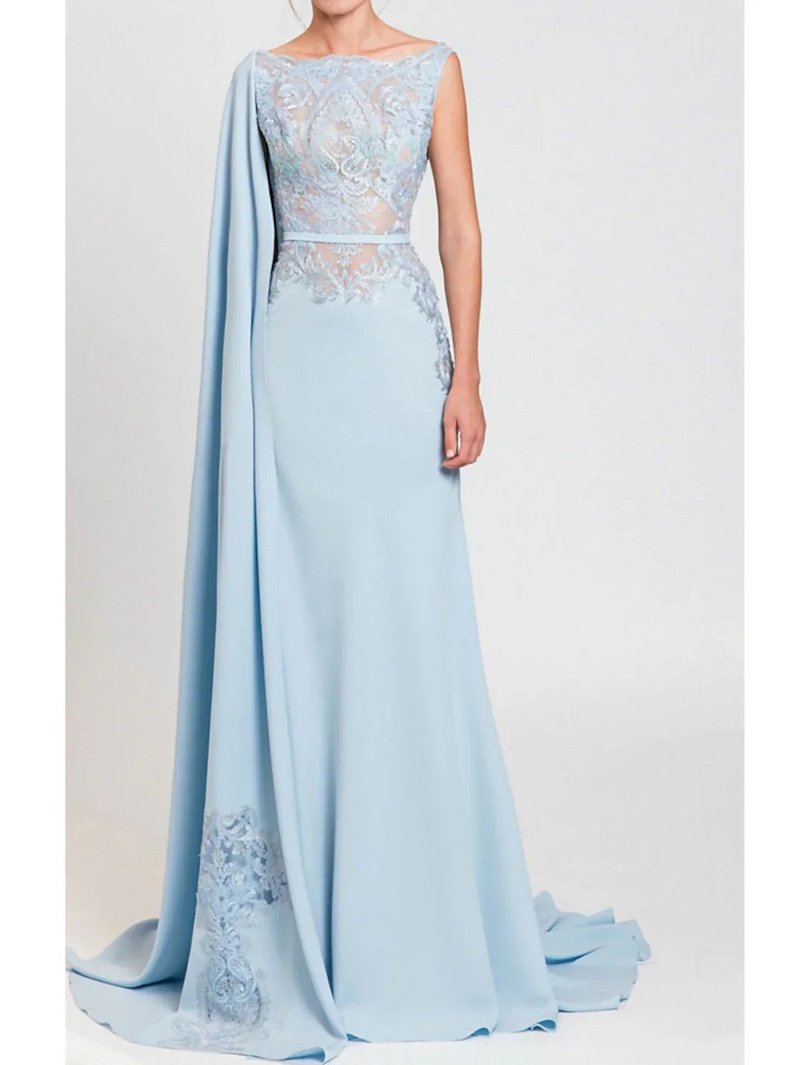 Mermaid / Trumpet Mother of the Bride Dress Formal Wedding Guest Party Elegant Jewel Neck Court Train Sleeveless with Sash / Ribbon Appliques