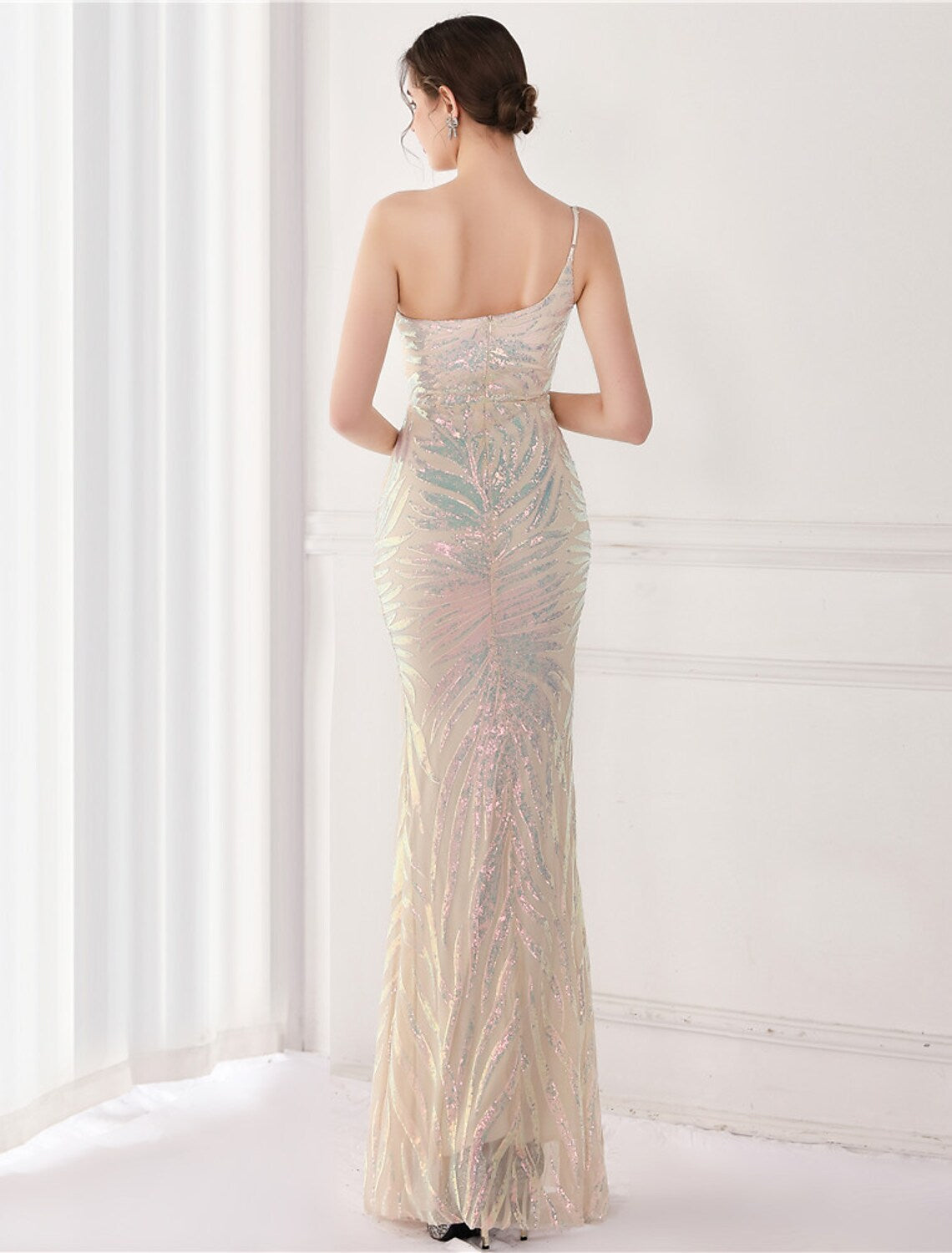 Evening Gown Elegant Dress Wedding Floor Length Sleeveless One Shoulder V Back