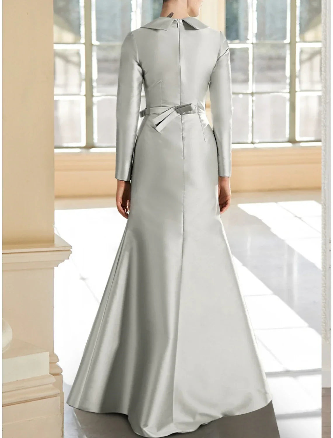 Mermaid / Trumpet Mother of the Bride Dress Wedding Guest Elegant V Neck Floor Length Long Sleeve with Bow(s) Ruching