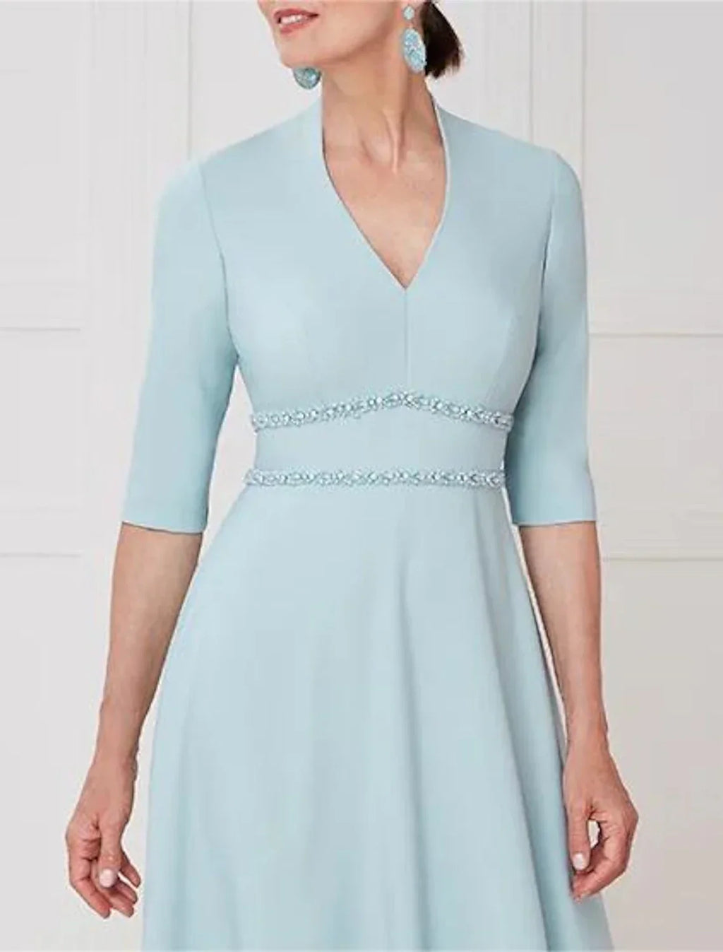 Mother of the Bride Dress Formal Wedding Guest Elegant V Neck Tea Length Half Sleeve with Sash / Ribbon Solid Color
