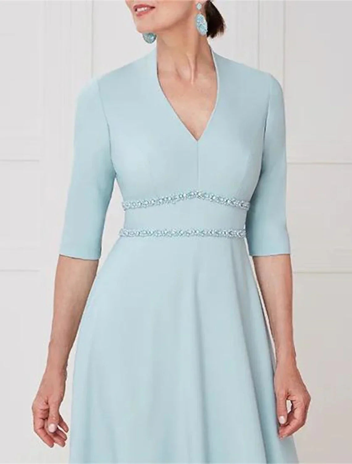 Mother of the Bride Dress Formal Wedding Guest Elegant V Neck Tea Length Half Sleeve with Sash / Ribbon Solid Color