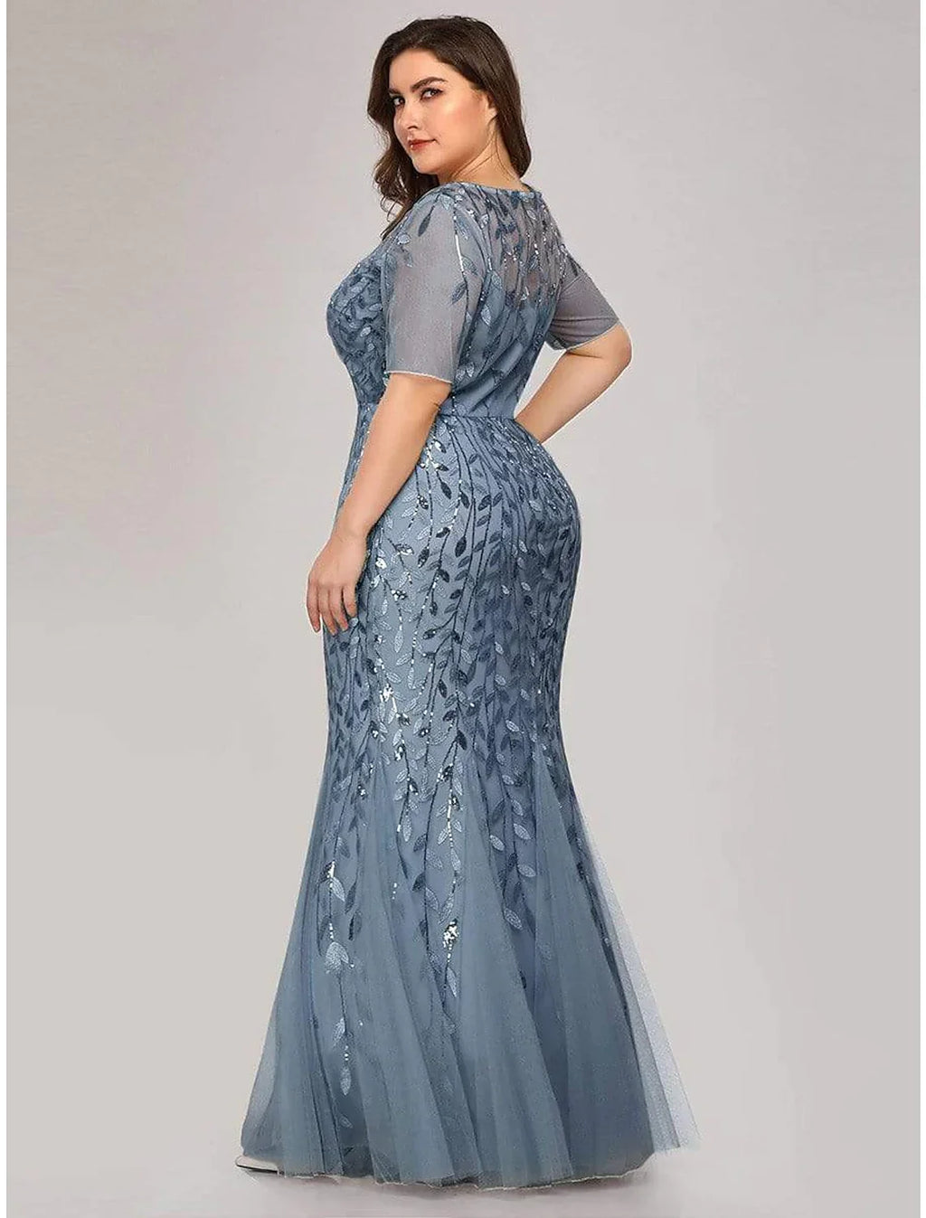 Party Wear Formal Evening Dress Short Sleeve Floor Length with Embroidery