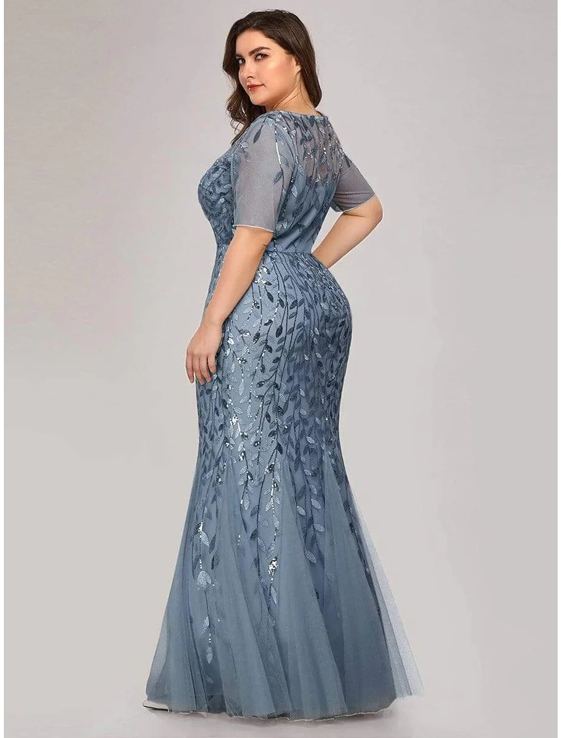 Party Wear Formal Evening Dress Short Sleeve Floor Length with Embroidery
